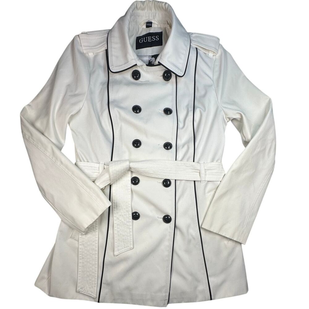Guess Coat Belted Double Breasted Piping Floral Lined White Black M